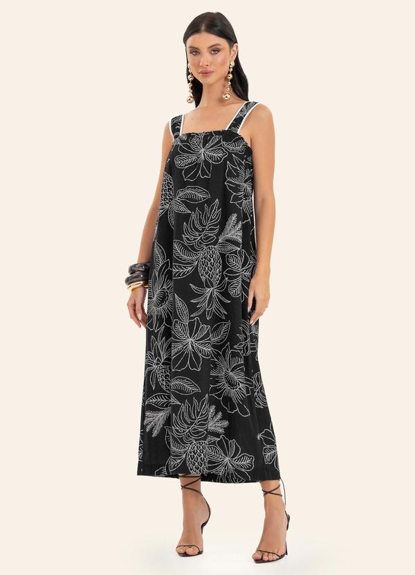 Vestido Feminino Midi Decote Quadrado Preto