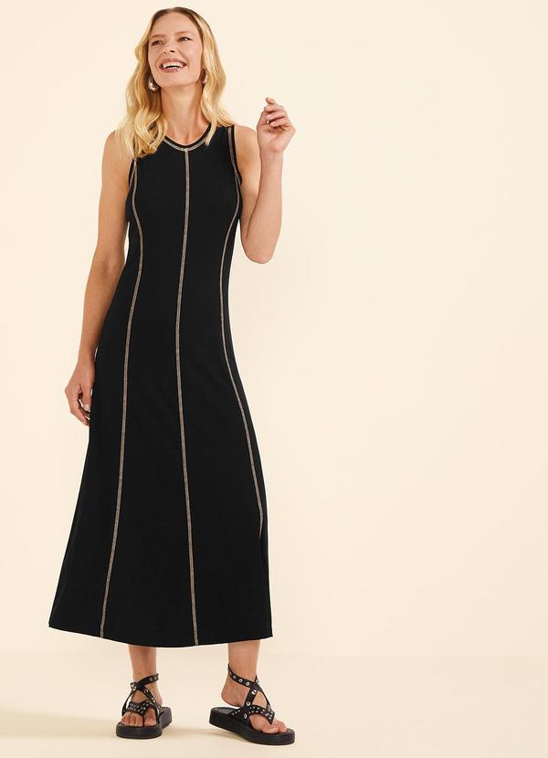 Vestido Feminino Midi Fio Contraste Preto