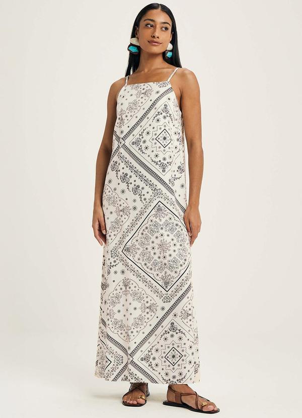 Vestido Feminino Midi Longo Estampado Bege