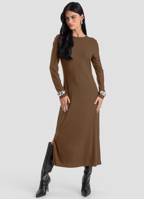 Vestido Feminino Super Midi Canelado Marrom