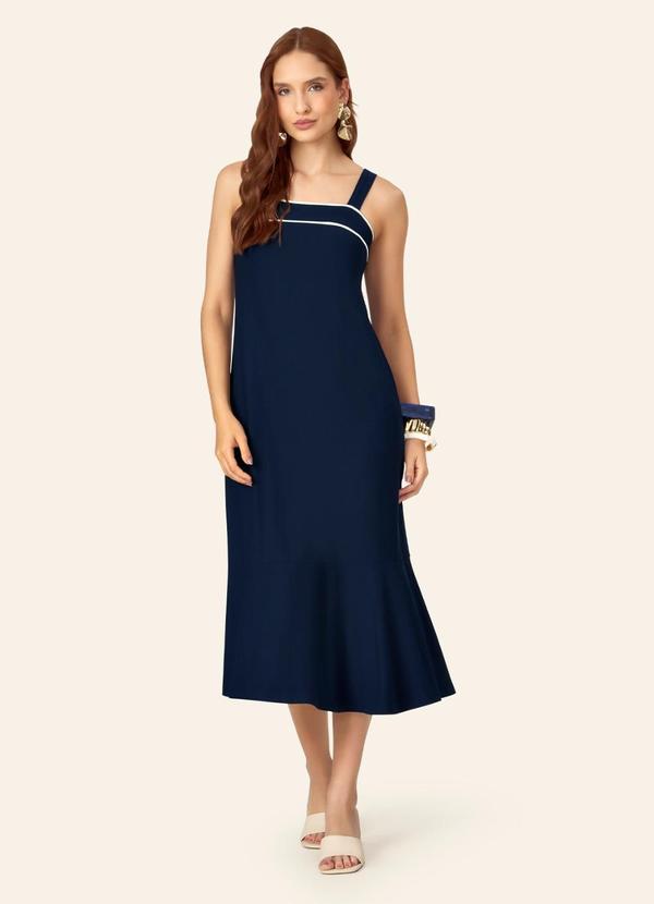 Vestido Feminino Super Midi Evasê Liso Azul