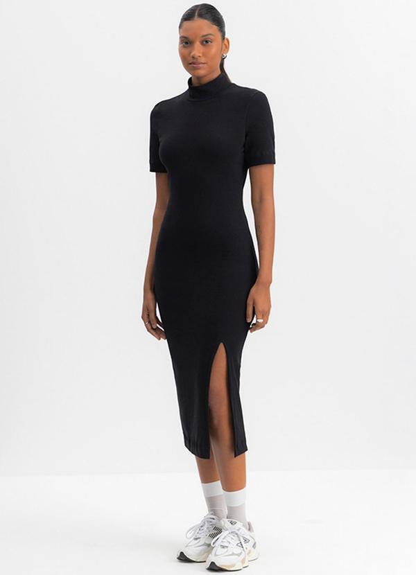 Vestido Femino Midi com Fenda Preto
