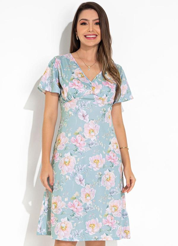 Vestido Floral Azul em Jersey Acetinado