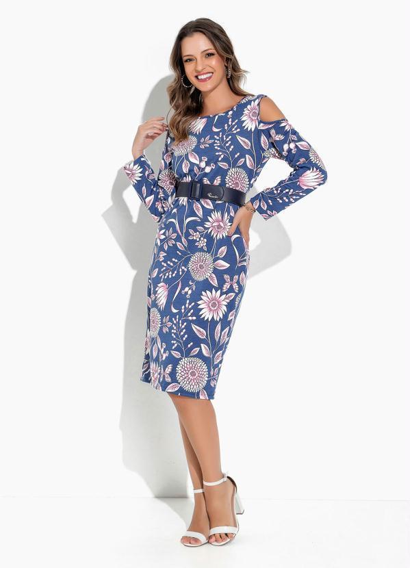 Vestido Floral Azul Ombro Vazado