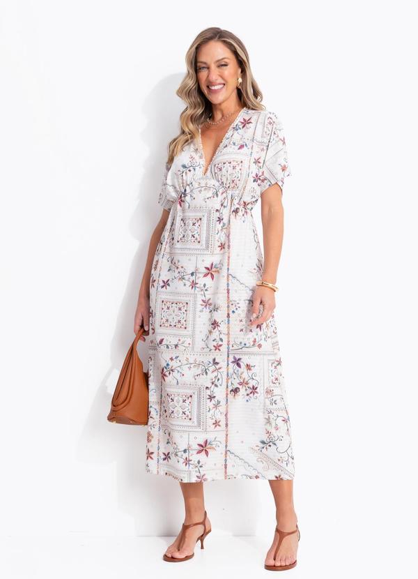 Vestido Longuete Estampa Bordado Decote V Malha Texturizada Cintura Elástica