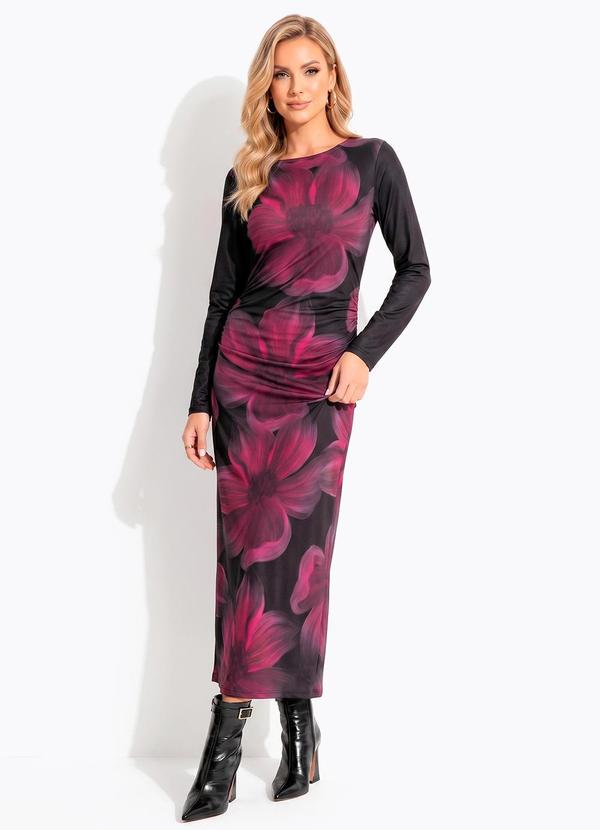 Vestido Floral Bordô em Malha Fria