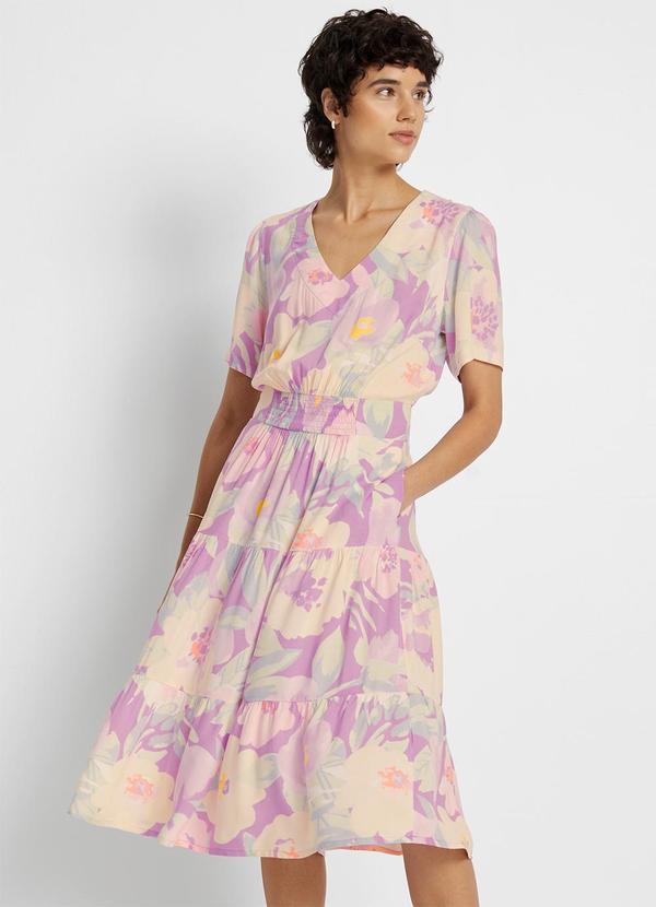 Vestido Floral Borrado em Viscose Plana
