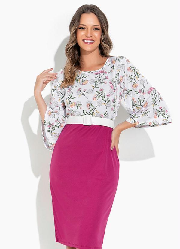 VestidoFloral Branca Manga Ampla