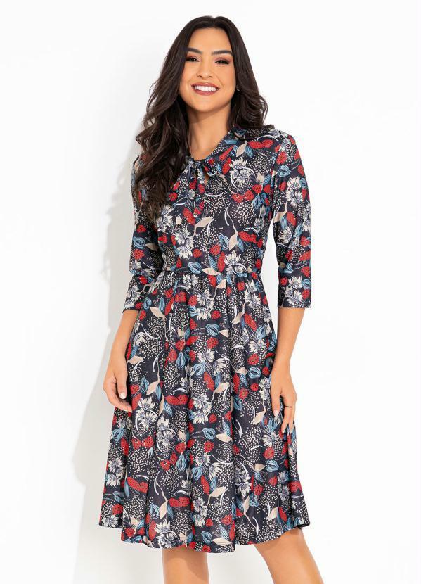 Vestido Floral com Gola Laço