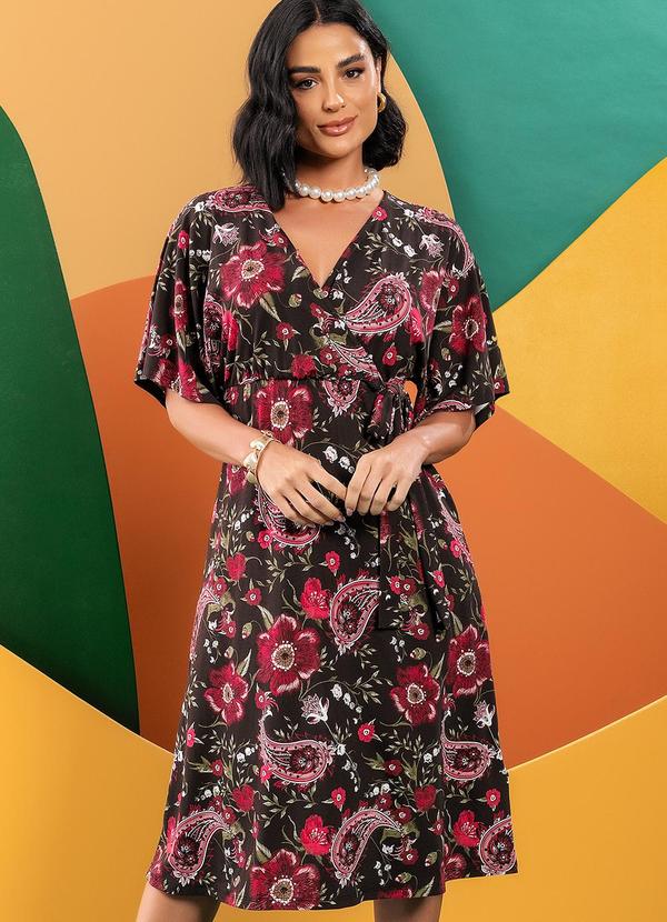 Vestido Floral Folk em Malha de Viscose