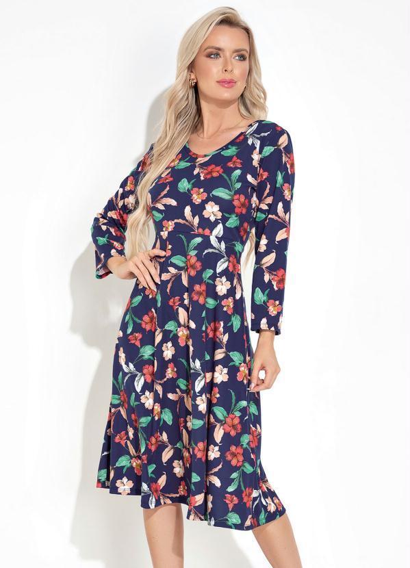 Vestido Floral Marinho com Mangas Longas