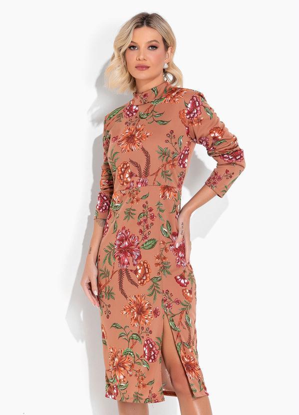 Vestido Floral Marrom com Gola e Mangas Longas