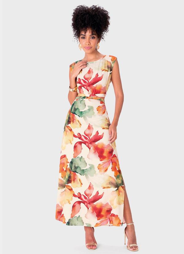 Vestido Floral MÃdi Reto Cut Out Off White