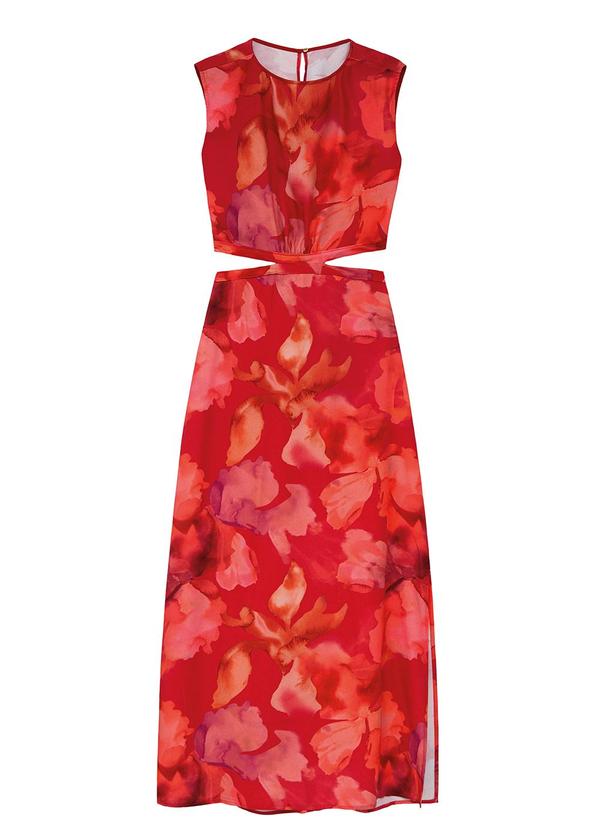 Vestido Floral Mídi Reto Cut Out Vermelho