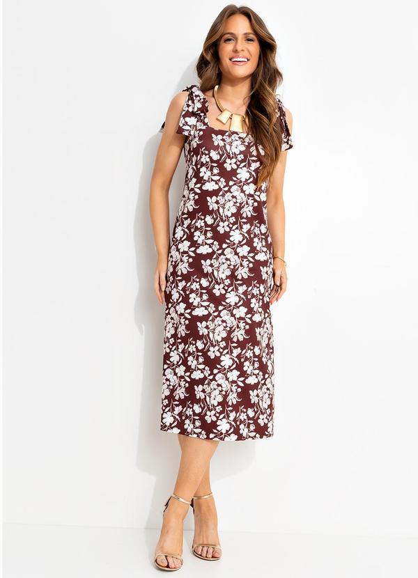 Vestido Midi Floral em Malha Fria com Alças de Amarração