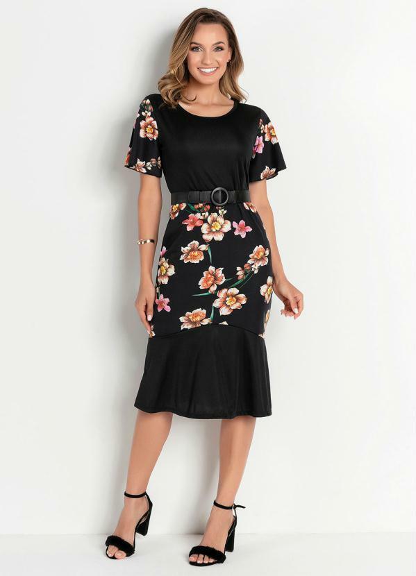 Vestido Floral Preto com Babado