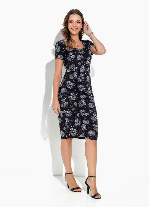 Vista 2 Vestido Floral Preto Franzido Rosalie Rosalie