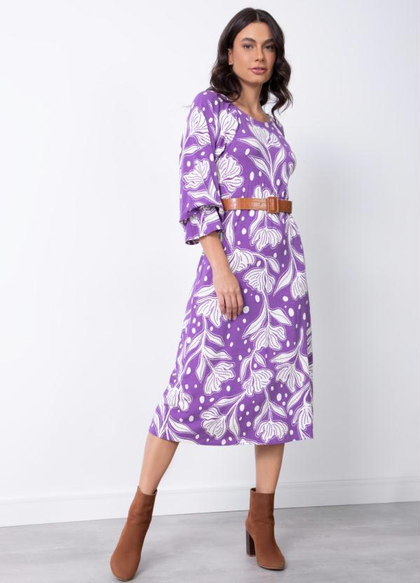 Vestido Floral Roxo com Babado na Manga