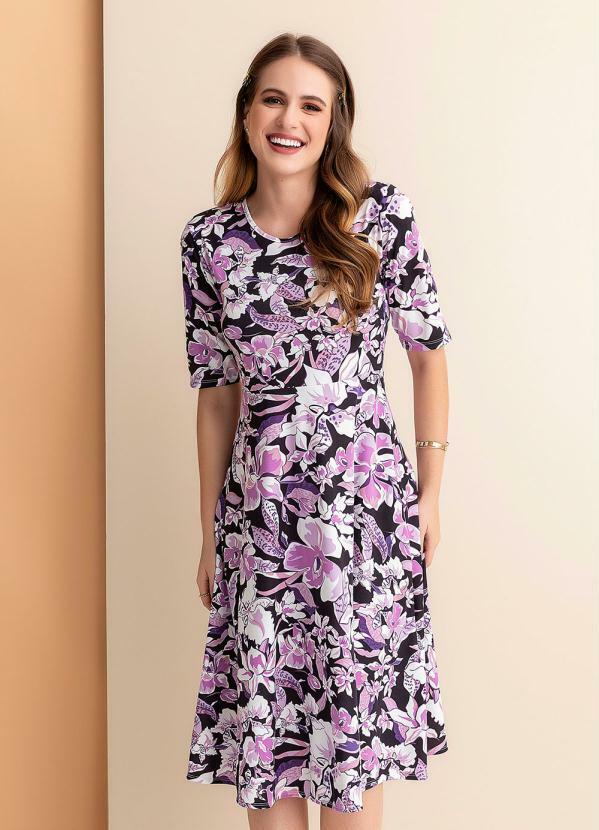 Vestido Floral Roxo Evasê