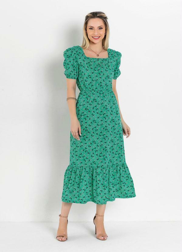 Vestido Floral Verde com Babado