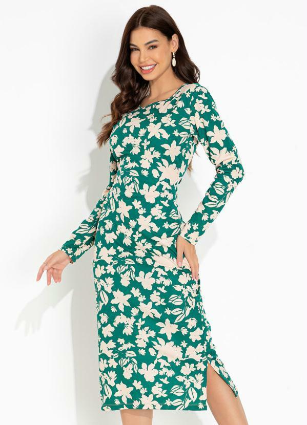 Vista 2 Vestido Floral Verde com Fendas e Manga Longa Moda Pop Moda Pop