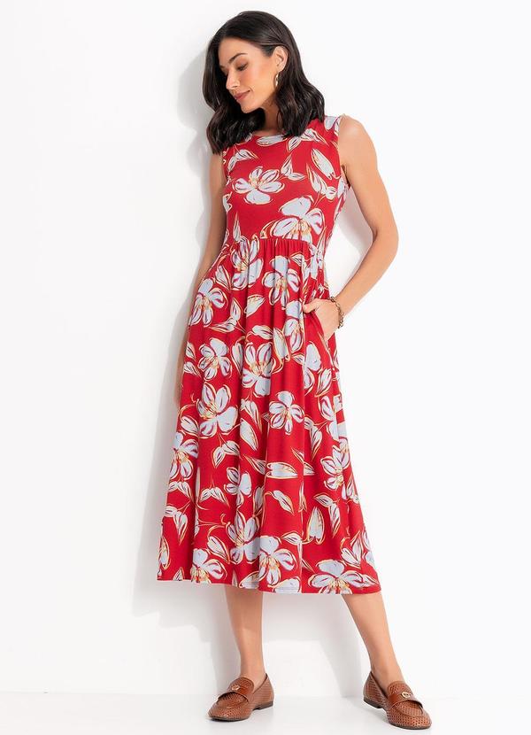 Vestido Floral Vermelho em Malha de Viscose