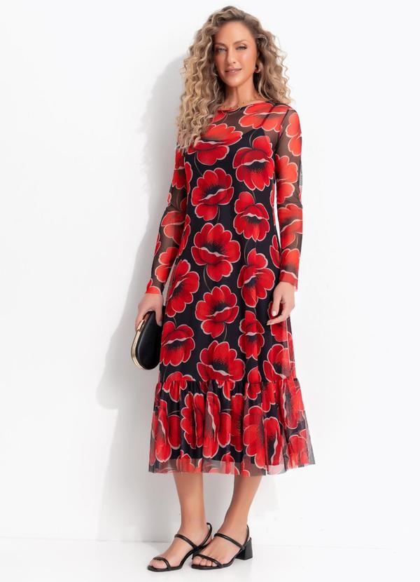 Vestido Floral Vermelho em Tule