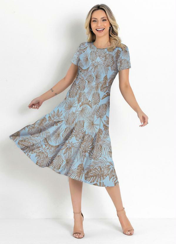 Vestido Folhagem Azul com Babado