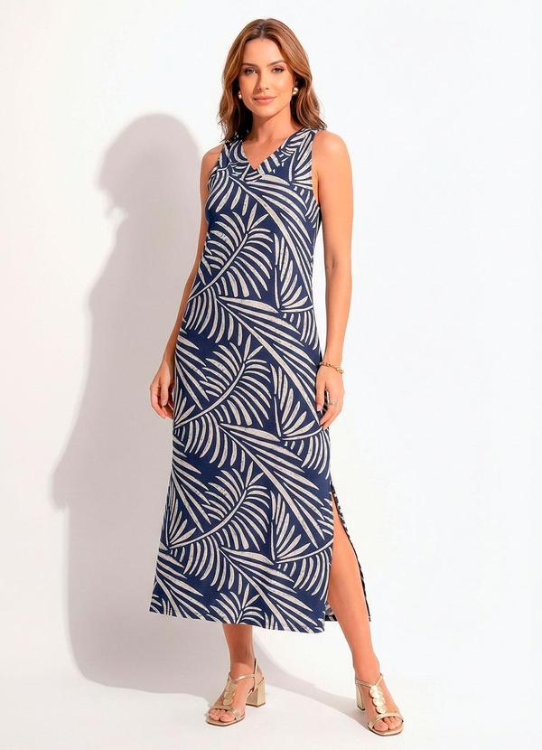 Vestido Folhagem Azul em Malha de Viscose