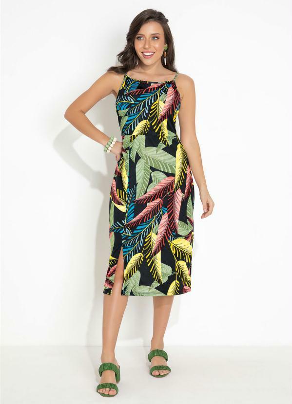 Vestido Folhagem de Alças com Fenda