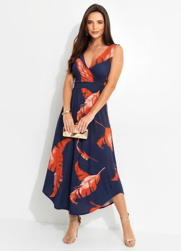 Vestido Folhagem Marinho em Malha de Viscose