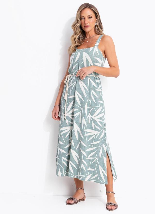 Vestido Midi Alças Largas Folhagem Menta em Malha de Viscose com Fenda