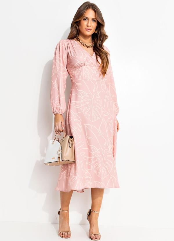 Vestido Longuete Alfaiataria Rosa Estampado com Manga Bufante