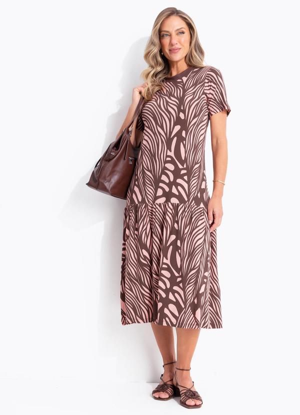 Vestido Folhagem Rosê em Malha de Viscose