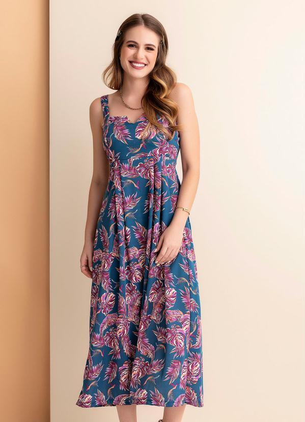 Vestido Folhas Marinho Decote V