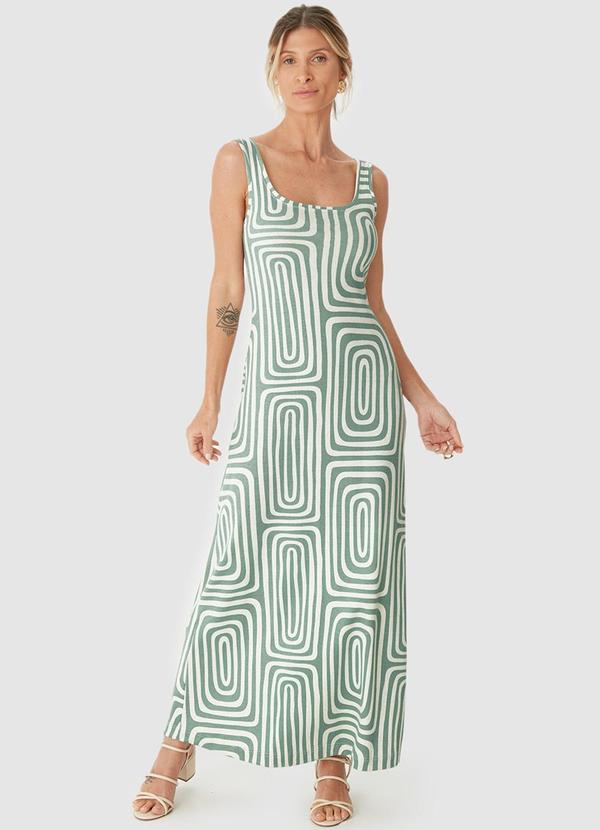 Vestido Geométrico Mídi Evasê Linho Verde Água