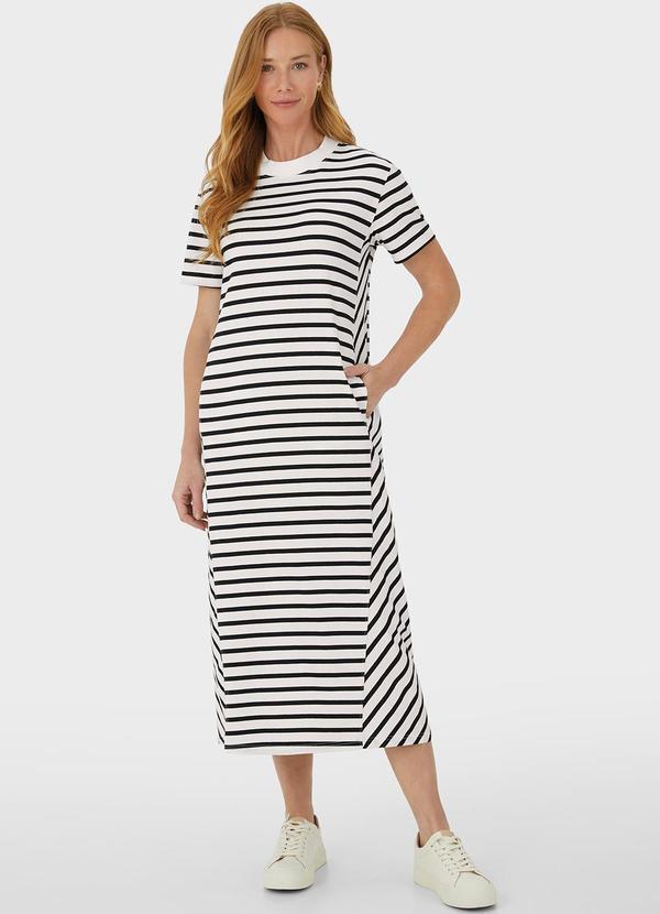 Vestido Listrado Mídi Amplo Branco