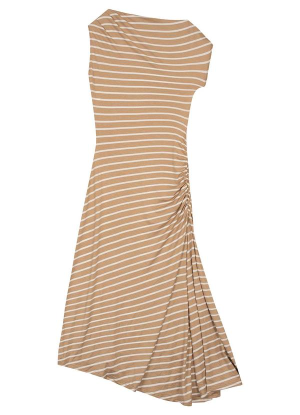 Vestido Listrado Mídi Assimétrico Bege