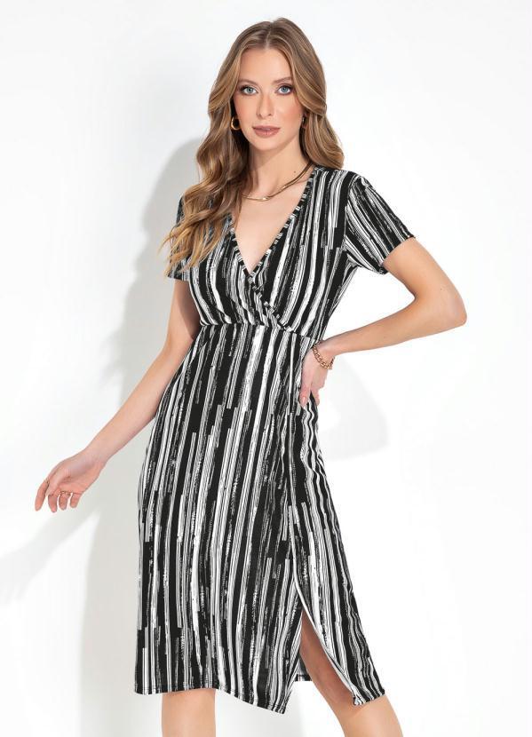 Vestido Listras PretaDecote Transpassado e Fenda