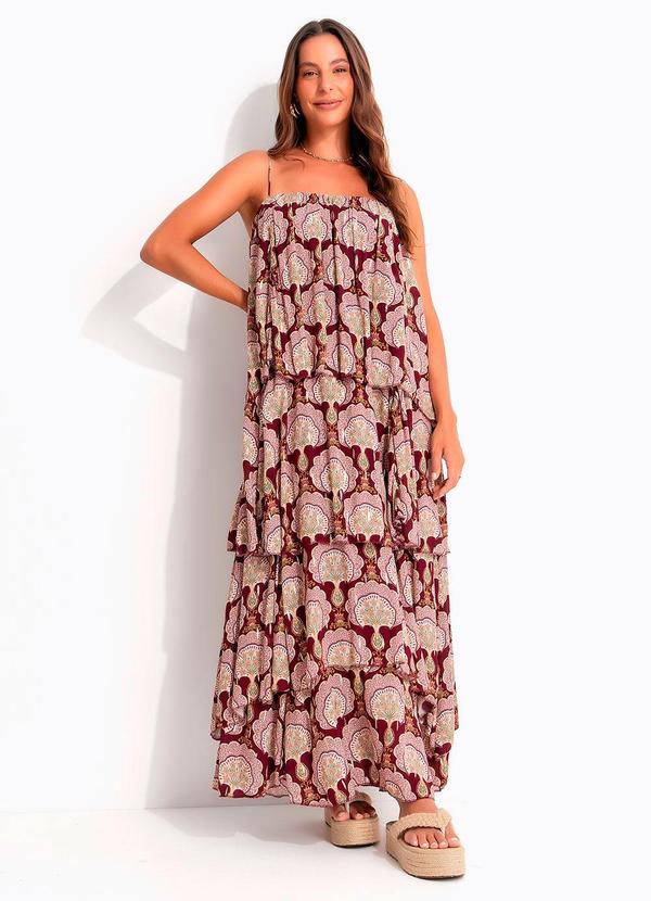 Vestido Longo Babados Leque de Pavão Vermelho