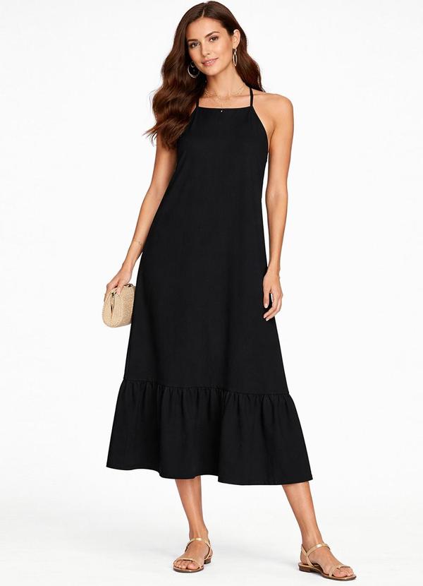 Vestido Longo de Alça e Recorte Maria Preto
