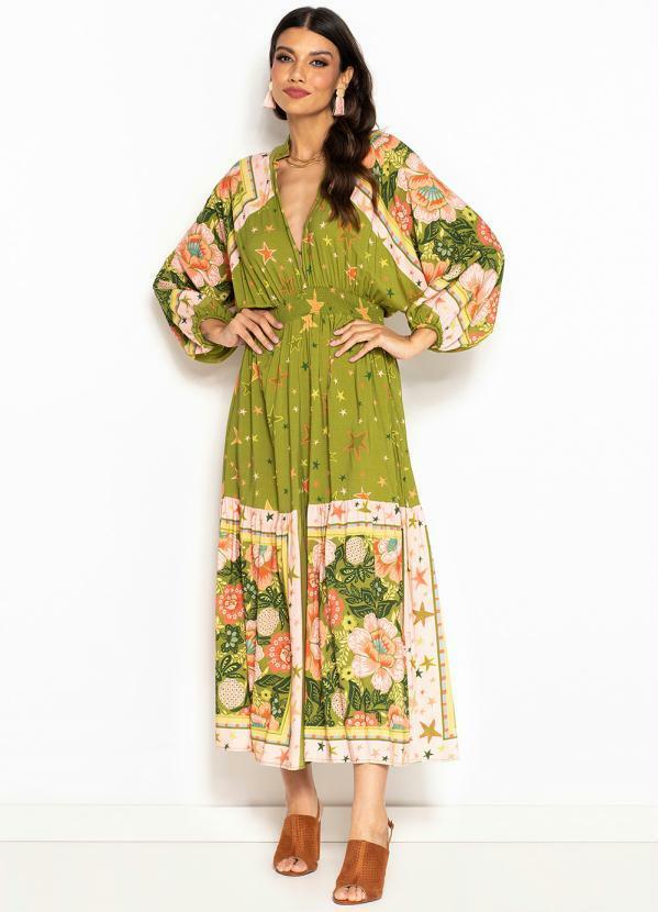 Vista 2 Vestido Longo de Viscose Lenço Estrela Verde FARM FARM
