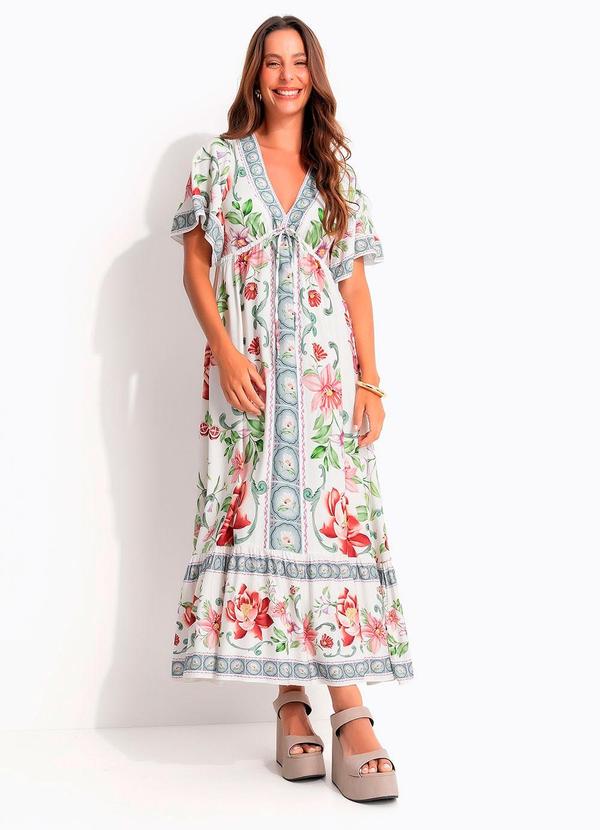 Vestido Longo Flor de Outono Bege