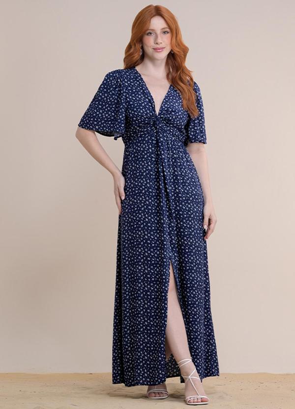 Vestido Longo Viscose Estampada Azul
