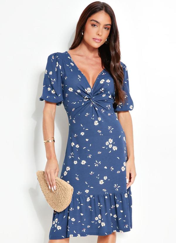 Vestido Manga 3/4 Margaridas Azul