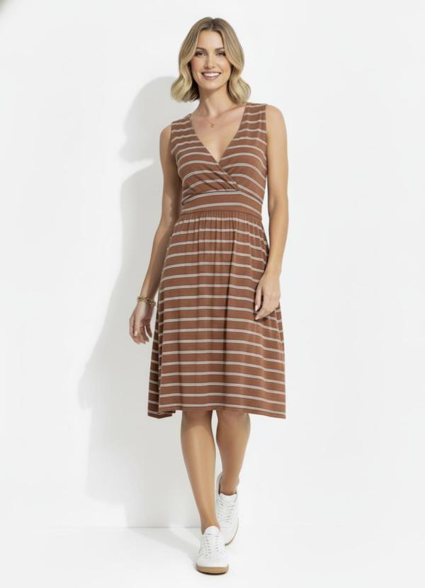 Vestido Marrom em Malha de Viscose Listrada