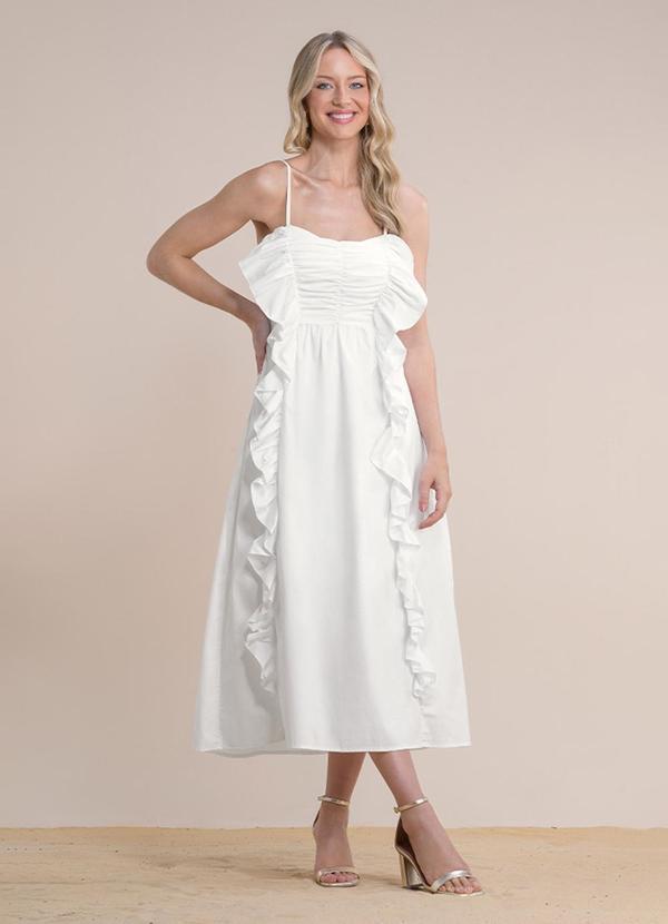 Vestido Midi Babados Tricoline Bege