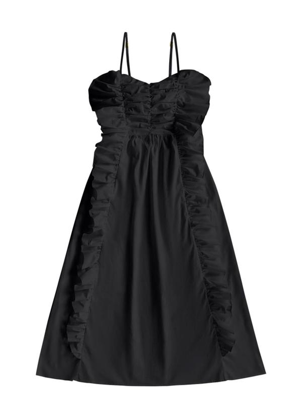 Vestido Midi Babados Tricoline Preto