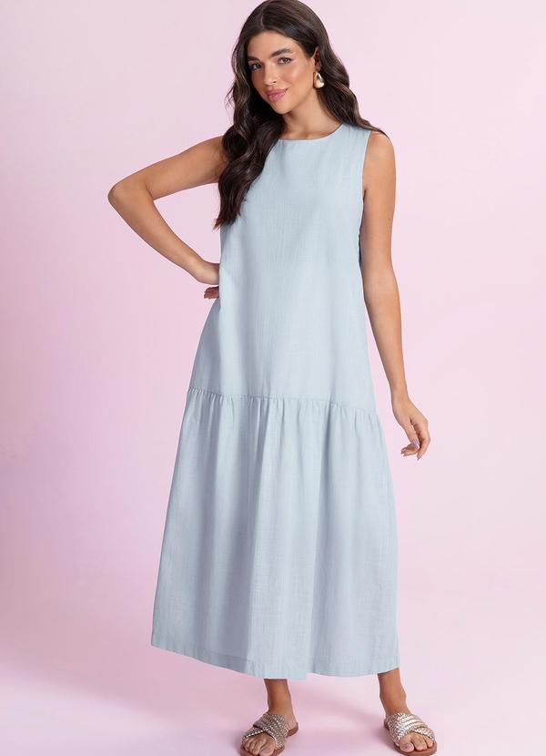 Vestido Midi Cambraia de Algodão Azul