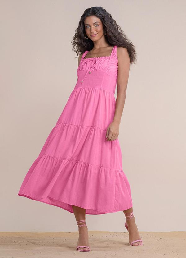 Vestido Midi Cambraia de Algodão Rosa